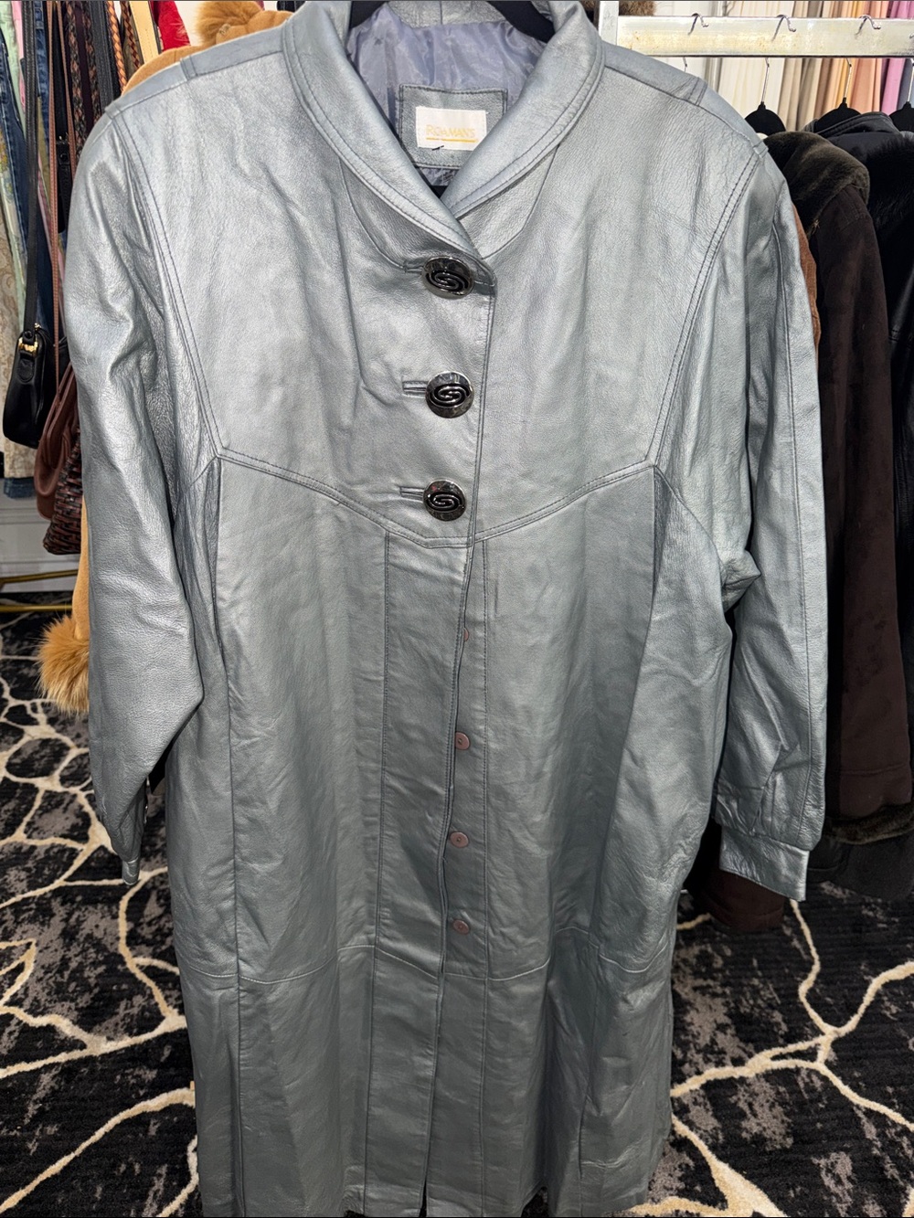 Roaman's Silver-Gray Leather Long Coat